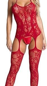 Crotchless Fishnet Bodystocking Red with Garter 14 - 18