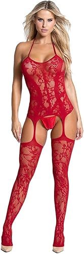 Crotchless Fishnet Bodystocking Red with Garter 14 - 18