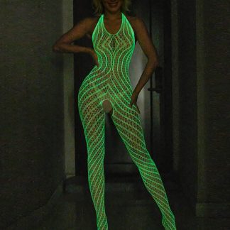 SBL Size 8-12 White Glow in the Dark Halter Neck Open Crotch Bodystocking